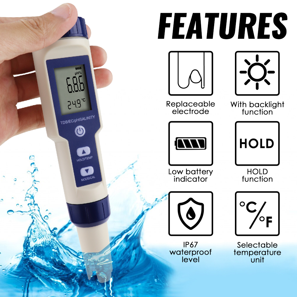 5 IN 1 PH 온도 TDS EC 염분 측정기 자동  - Ph Meter Digital Water Tester 리뷰 및 가격